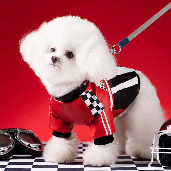 Костюм гонщика для собак FLAdorepet, тепла шкіряна куртка з льоновою кільцем, флісовий костюм для маленьких та середніх собак (Чорний, S)