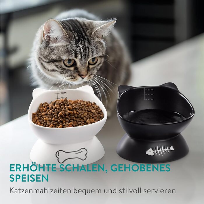 Набір мисок для котів Navaris: 2 миски по 400 мл з позначеннями об'єму, піднята годівниця, кераміка, стильний дизайн