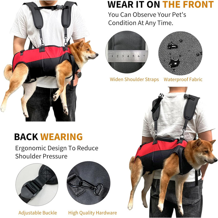 PETCUTE Рюкзак-переноска для собак, жилет-рюкзак для великих собак, повний жилет з ручкою, регульований рюкзак для собак з артритом, старих собак, з проблемами суглобів, чорний+червоний, 7.5-15 кг