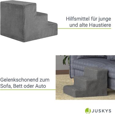 Сходинка для собак та котів Juskys - 3 сходинки, плюшевий знімний чохол, сірого кольору. Підходить для ліжка, дивана, софи та авто