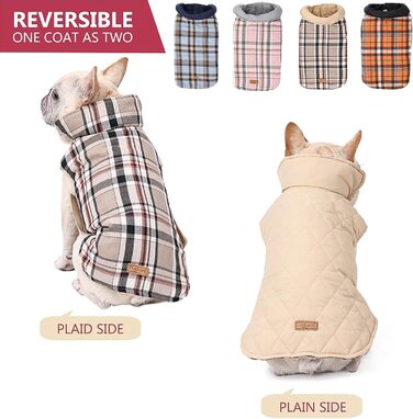 Зимовий одяг для собак, водонепроникна тепла куртка для малих, середніх та великих собак, для активного відпочинку на вулиці з отвором для повідка, двостороння куртка в клітинку, бежевого кольору, розмір L