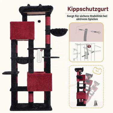 Ігровий комплекс-когтеточка для котів Heybly HCT059W, 193 см, чорно-червоний