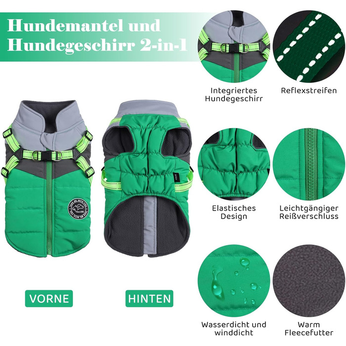 Водонепроникний зимовий теплий дощовик для собак Savlot - вітрозахисна куртка для собак маленьких та середніх порід з шлейкою, світловідбивачі (S, зелений + сірий)