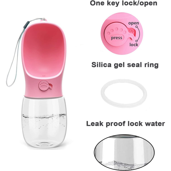 Водяна пляшка для собак Kalimdor, витокозахисна, портативна, 340 мл, рожева