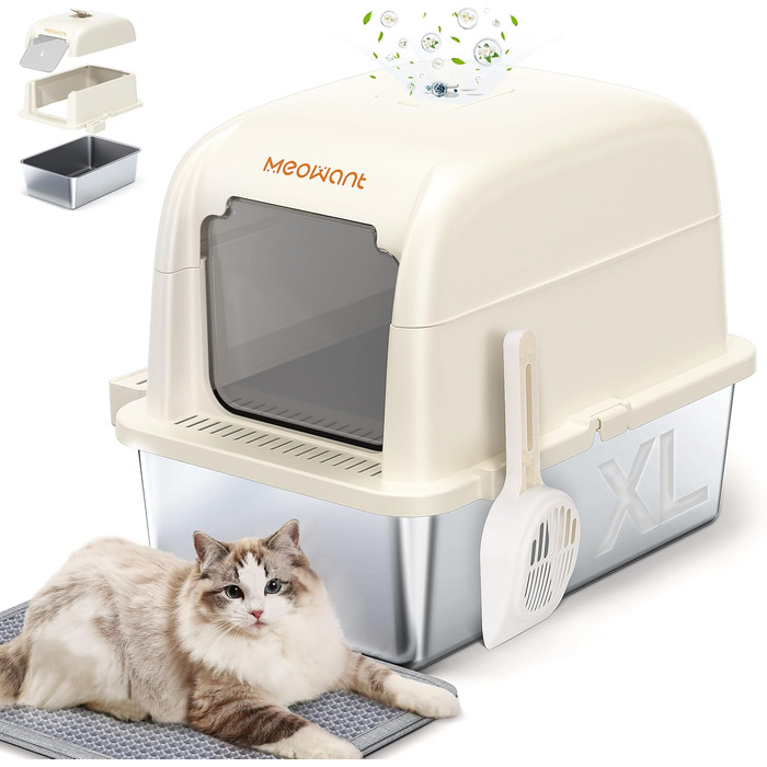 MeoWant туалет для котів з нержавіючої сталі, 152,4 см, великий, відкритий/напіввідкритий, закритий 3-в-1, для великих котів, з контролем запаху, високі борти, білий