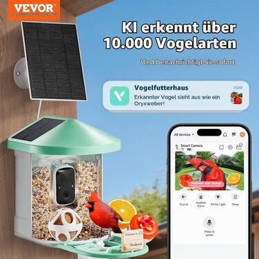 Годівниця для птахів VEVOR з камерою 2K HD, ШІ-розпізнаванням понад 10 000 видів птахів, сонячною панеллю, автоматичним записом та сповіщеннями (Зелена)