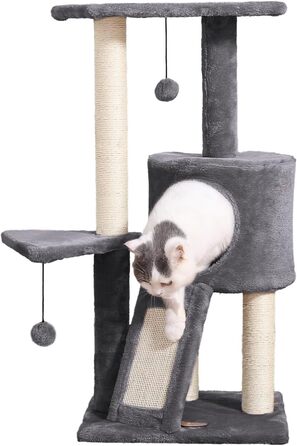 Дряпак для котів PATAM з сизалю, котяча печера та пандус, посилена основа, легка збірка – висота 83,5 см, іграшки Бежевий (Темно-сірий)