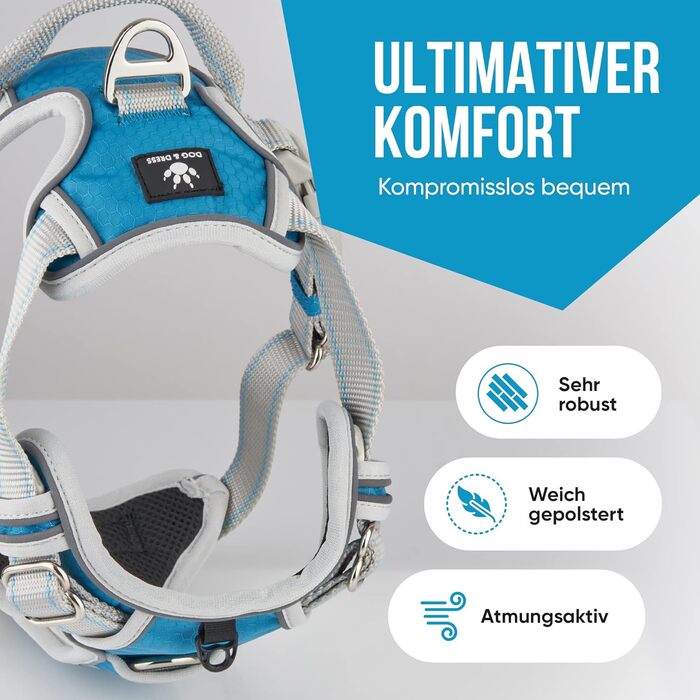 Набір повідка та шлейки для собак – дихаючий, регульований, з м'якою підкладкою та світловідбиваючими елементами – для великих та середніх собак (Синій, XL (76-101 см обхват грудей))