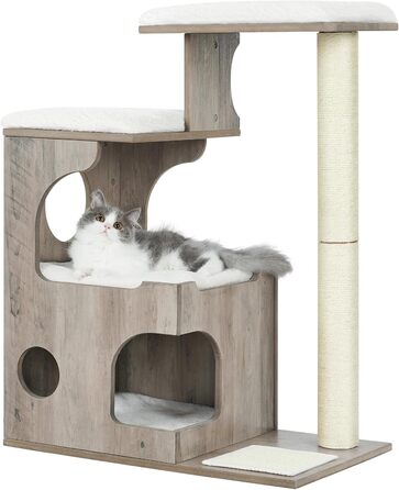Котячий комплекс Feandrea WoodyWonders UPCT070G01, 86 см, сучасний котячий будинок-турнікет з 3 сидіннями, кігтеточка, мат, будиночок, 4 знімні пральні подушки, сіро-білий
