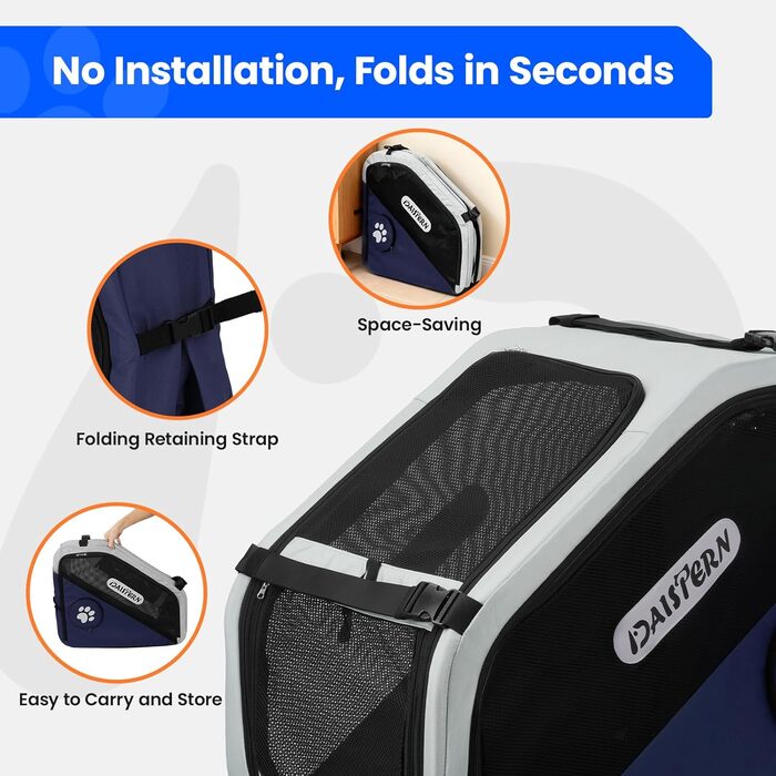 Складана переноска для собак у машину та в подорожі, портативна сумка-переноска для маленьких та середніх собак, швидке складання за 1 хвилину, міцна металева рама, дихаючі сітчасті вікна та зручний доступ (Блакитна)