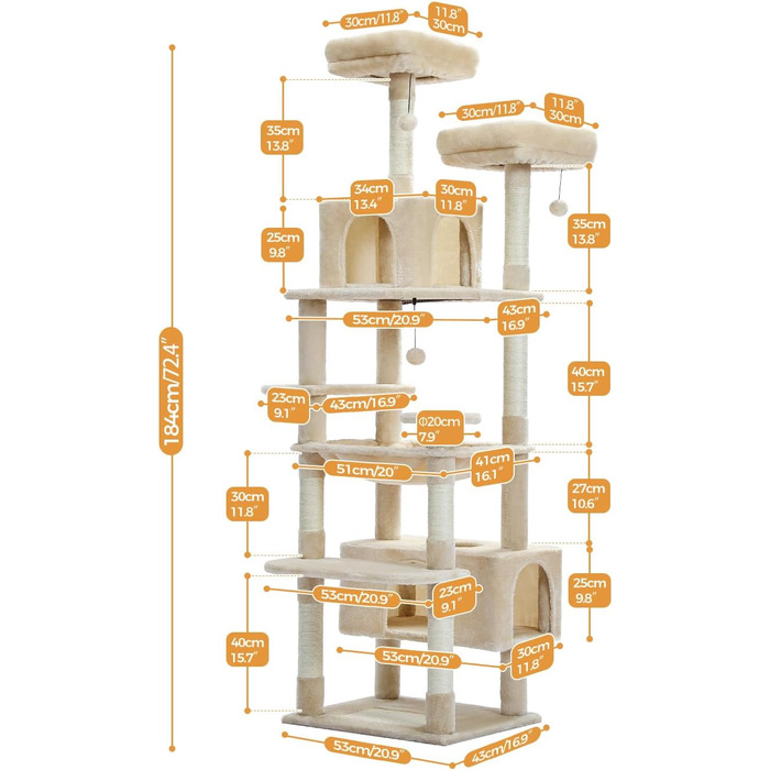 PAWZ Road Дряпка для котів велика, 184 см, 7 стовпів сизалю, гніздо, кошик, для дому, бежевий