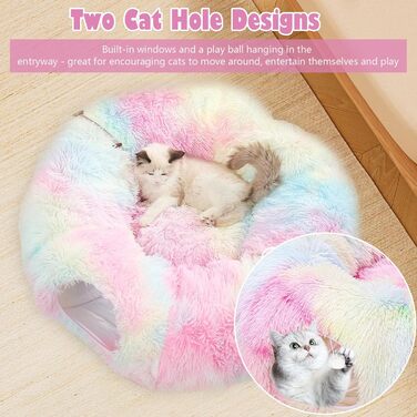 Туннель для котів, великий, з місцем для сну та лежаком, 2 входи, котяча печера, підвісні кульки, тунель для кота, кольоровий
