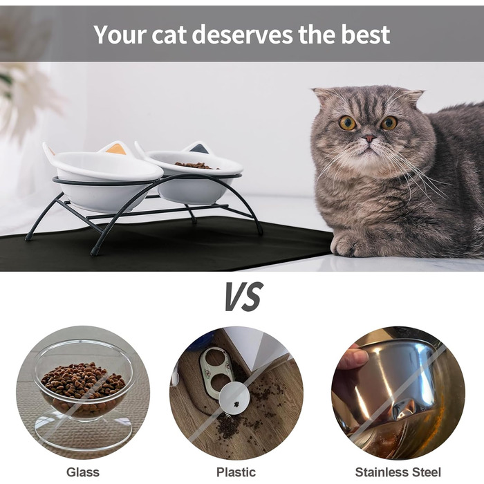 Набір мисок для котів з кераміки з підставкою та силіконовим килимком, 340 мл, нахилені, для котів, кошенят, маленьких собак, білий