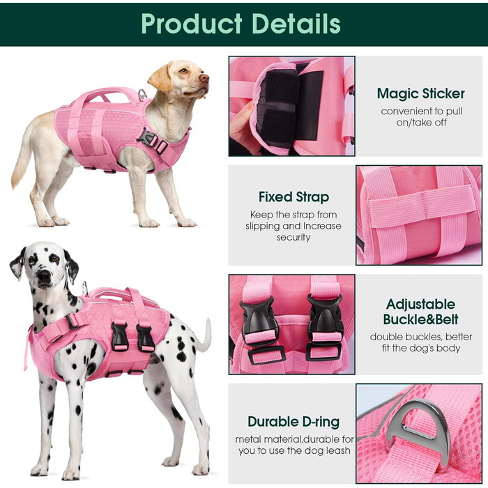 Жилет для плавання собак Kuoser: регульований, з рипстоп тканини, для малих, середніх та великих собак, з ручкою для рятування, рожевий (M)