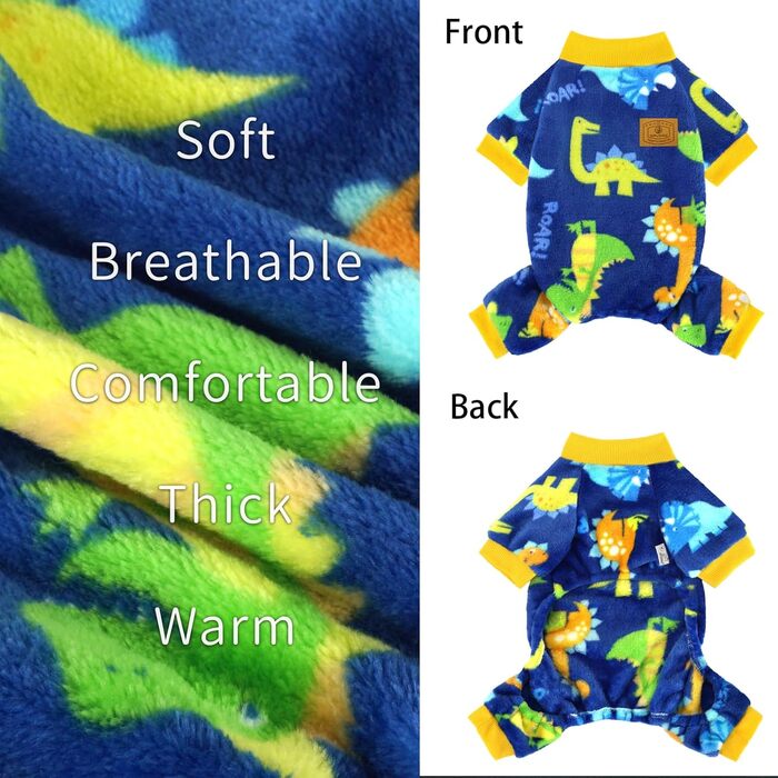 Піжама для собак XPUDAC, фліс, теплий зимовий костюм для собак, дівчаток та хлопчиків, розмір S, блакитний динозавр