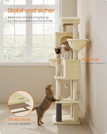 Дерев'яний будиночок для котів Feandrea, 175 см, XL, багатоярусний, з 2 будиночками, 2 лежаками, 5 стовпчиками для шліфування, щіткою для котів, великою платформою, пісочно-бежевий