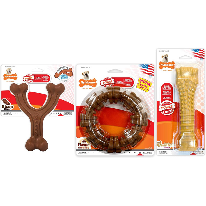 Жувальна іграшка для собак Nylabone Power Chew, набір 3 шт, арахісове масло та бізон, для великих і гігантських порід