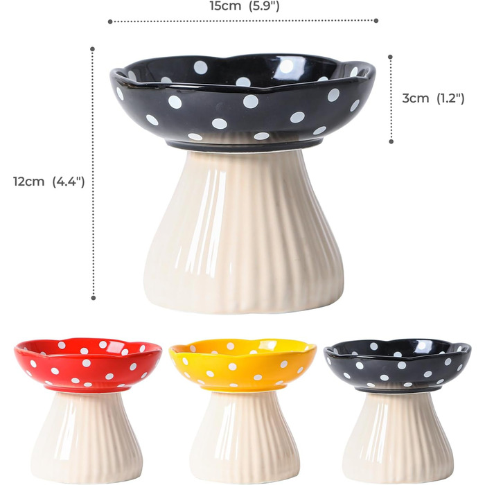 Підвищений годівниця для котів, керамічна миска у формі гриба, широка та плоска годівниця для котів зі стійкою, миска проти блювоти для котів, миска для кошенят та літніх котів (чорна)