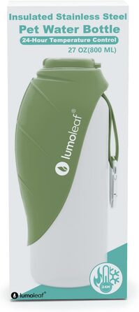 LumoLeaf Ізольована термофляга для собак, 800 мл - Зберігає воду холодною або теплою годинами, міцна та портативна для подорожей, широке горлечко для зручного наповнення та миття (Зелена, 800 мл)