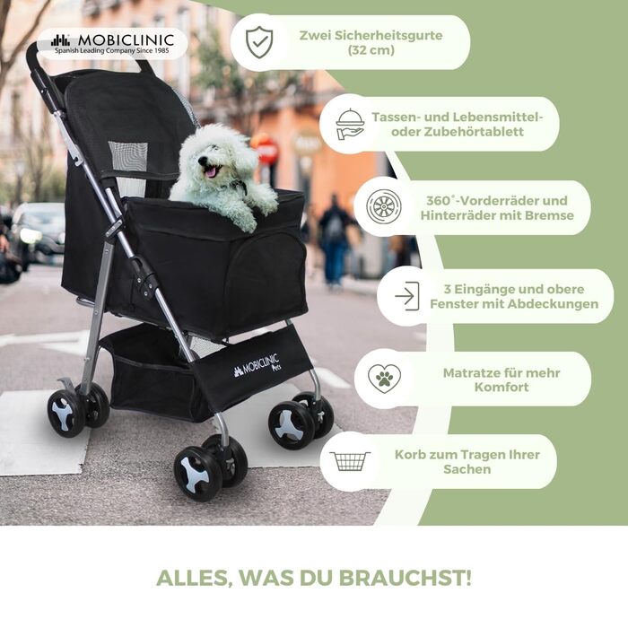 Візок для собак Mobiclinic® Pets, чорний, до 15 кг, з великим кошиком, 3 вікна, гальма, тримач для напоїв