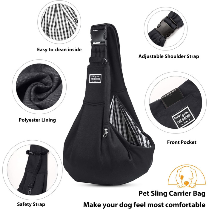 PETCUTE Сумка-переноска для собак до 7.5 кг, чорна. Регульований ремінь, переноска з передньою кишенею, сумка через плече для собак, для прогулянок та активностей на свіжому повітрі