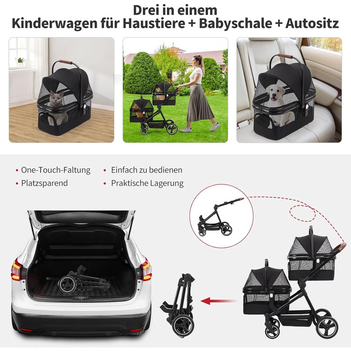 Складаний візок для собак та візок-буги для тварин до 15 кг, розкладний, з поводками безпеки, сітковими віконцями та місцем для зберігання, ідеальний для подорожей та прогулянок (Чорний, Подвійний)