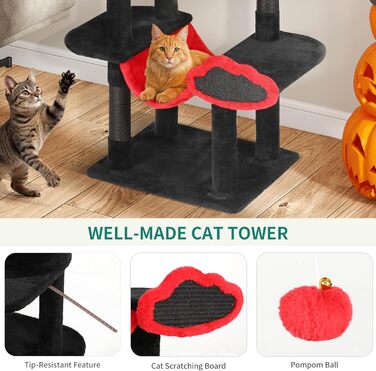 Котячий комплекс YITAHOME XXL, 142 см, з 8 стовпчиків сизалю, 3 платформи, 2 печери, гамак, іграшки, чорно-червоний