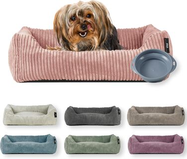 Ляжка для собак | для маленьких собак | з подушкою Cord | знімний чохол | з мискою для корму (55 x 42 см, пудрово-рожевий)