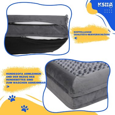 Ортопедичне ліжко для великих собак KSIIA 105x70x18 см, знімний чохол, миюче, три підвищені борти, протиковзка основа, пінистий наповнювач, сірий