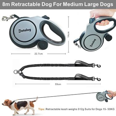 Рулетка для собак Dotolog 8м з двома лініями, з безпечною застібкою, для собак середніх та великих порід (сірий/чорний)