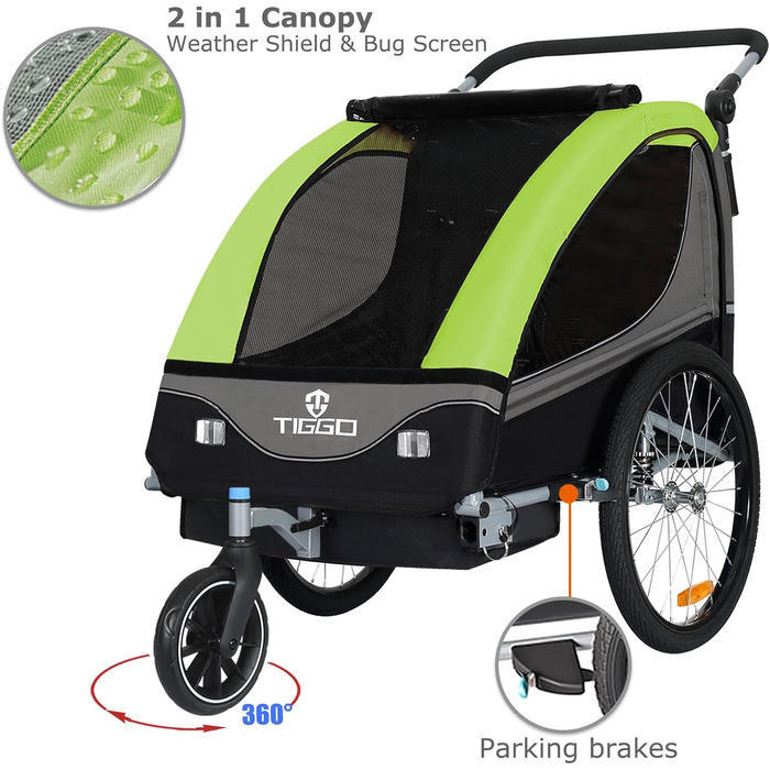 Дитячий причіп Tiggo S2 2-в-1 з підвіскою та поворотним з'єднанням 360° (зелений)