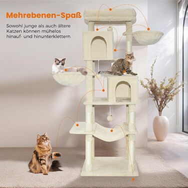 Котячий комплекс LEEJARD XXL: великий дерев'яний будиночок з платформами, когтеточками, будиночком, гамаком, іграшками та захистом від перекидання (180 см, бежевий)