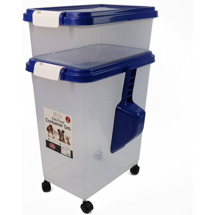 DIVCHI Контейнер для зберігання корму для тварин 3в1 з мірною ложкою, синій. Підходить для собак, котів та інших тварин. Герметичний, з роликами, для сухого корму.