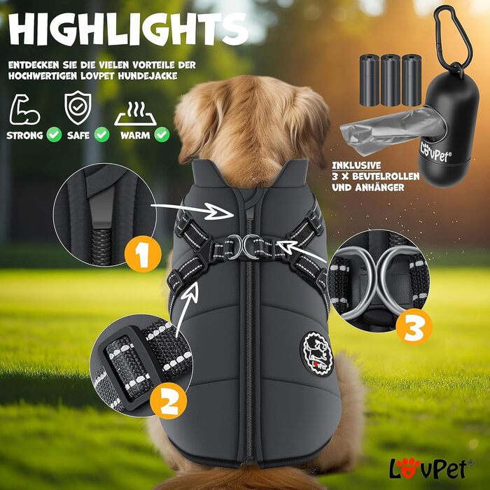 LOVPET® Зимова куртка для собак 2XL, антрацит, утеплена та водонепроникна з вбудованим шлеєю, світловідбивачами, D-кільцем, 45 пакетів для прибирання та диспенсером