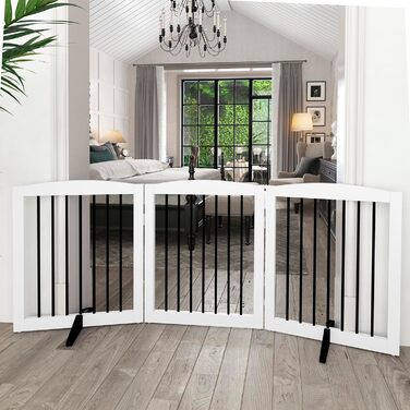 Гілка для собак HOLTICO без свердління, металево-дерев'яне, відбійник для собак, перегородка для собак, захист від сходів, відбійник для дверей, білий, 3 панелі