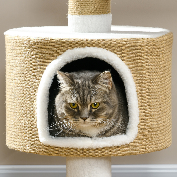 Кігтеточка PawHut 79см маленьке котяче дерево з котячою печерою та лежачою поверхнею для котів до 8 кг з джуту в коричневому/білому кольорі