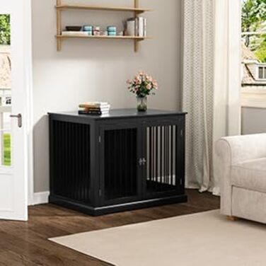 Клітка для собак HOLTICO, чорна, велика (L) з м'яким лежанком, для дому, з відкидним верхом, стильна, міцна