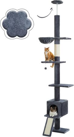PAWZ Road Котячий драпак до стелі, регульований котячий комплекс 216-273 см з гамаком, будиночком і антиковзним ременем, темно-сірий