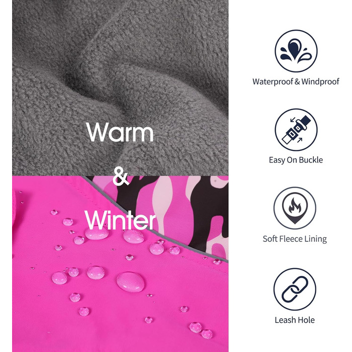 Зимовий теплий халат для собак IECOii з флісу, водонепроникний, з відбиваючими елементами, для малих, середніх та великих собак, рожевий камуфляж