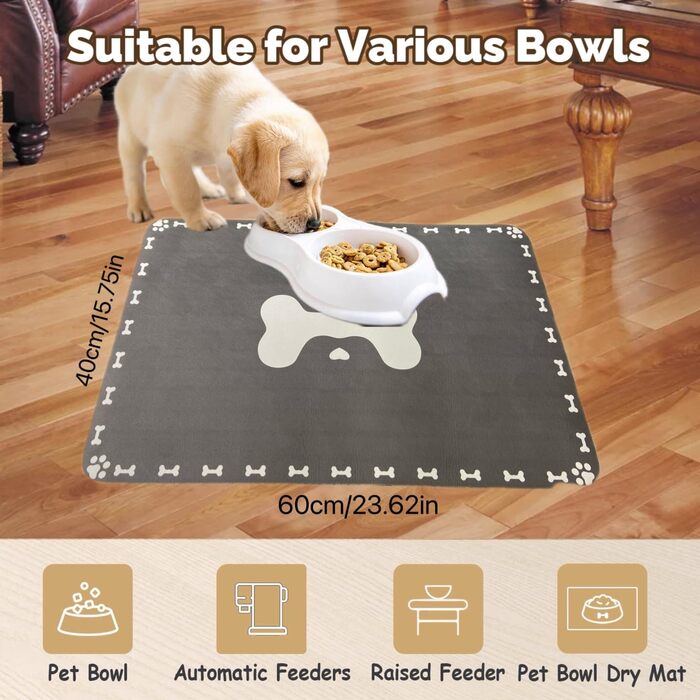 Килимок для годування собак і котів, 60 x 40 см, вбираючий, неслизький, великий, для мисок, легко миється, швидко сохне, темно-сірий