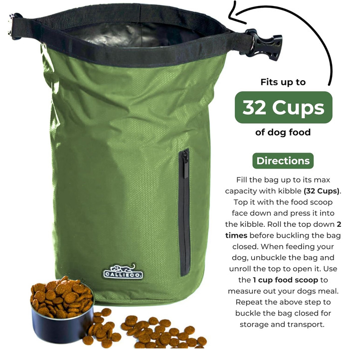 Сумка для корму для собак Callieco з мірною ложкою та кишенею на блискавці, водонепроникний контейнер для дому, подорожей, кемпінгу, перельоту та іншого (Зелений, 32 порції)