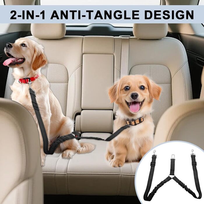 Ремінь безпеки для собак у машину, подвійний, еластичний, регульований з амортизатором та карабіном для маленьких та середніх собак (чорний)