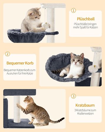 Дерево для котів Hzuaneri, 75 см, зі стійкою конструкцією, великою лежанкою, котячою печеркою, сизалевими стовпчиками, кошиком та іграшками, сірий колір