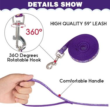 Шлейка для кота PAWCHIE з повідком та ошийником, витривала, регульована, світиться в темряві, для кошенят, для прогулянок на вулиці (фіолетовий, S)