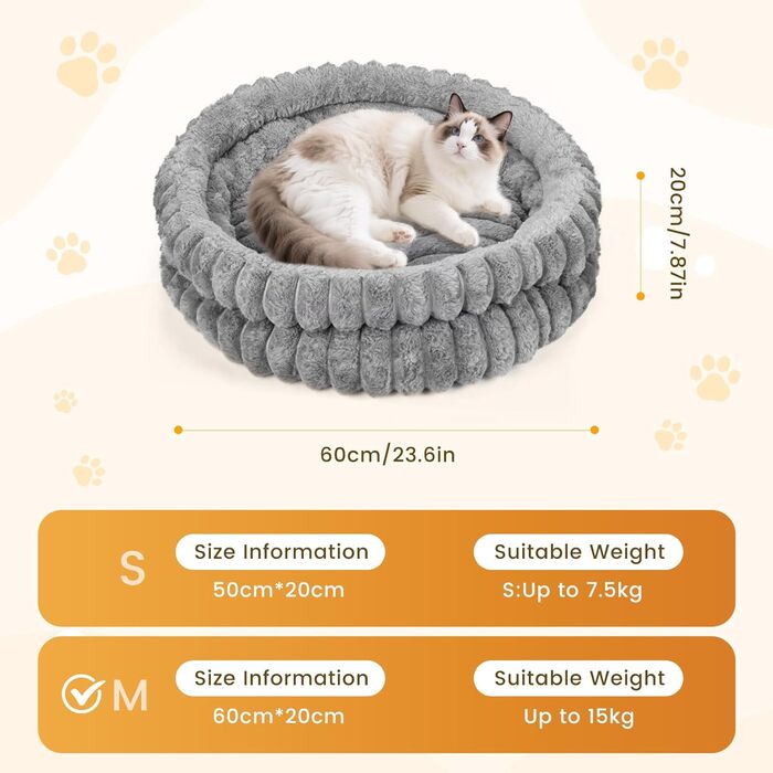 М'яке ліжко для котів та маленьких собак Donut, 50 x 20 см, сіре - з підтримуючим валиком для шиї та неслизьким дном