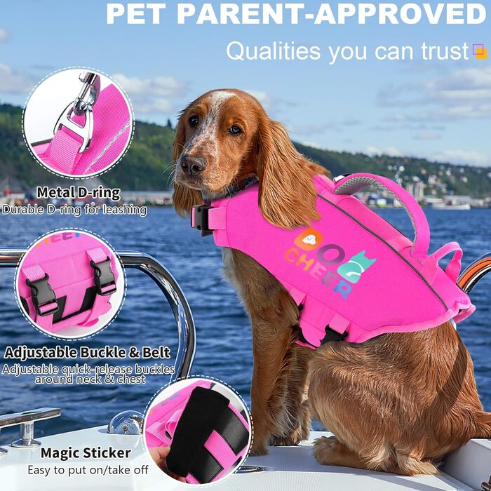 Жилет для плавання собак Dogcheer з подвійним рятувальним ручним захопленням, високою плавучістю, для човнів, плавання, з світловідбиваючими елементами, регульований, PFD для маленьких, середніх собак, рожевий
