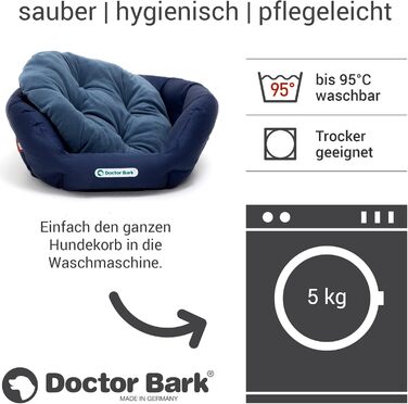 Кругле ліжко для собак Doctor Bark - м'яке собаче гніздочко для собак середніх порід з ортопедичною подушкою та іграшкою-кісткою. Можна прати до 95°C. Виготовлено в Німеччині (L - 60x50 см, Кьонігсблау)