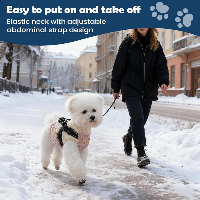 Зимовий одяг для собак - теплий флісовий жилет з інтегрованим шлейкою для прогулянок на вулиці, тепла куртка для маленьких та середніх цуценят, рожевий/білий