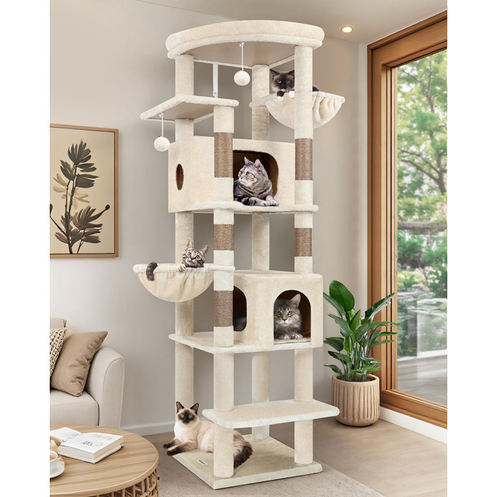 Драбина для котів Globlazer Beige XXL 188 см з великим котячим будинком 50*30*30 см, розширена платформа, 2 котячих кошика, стійка, кутова, для великих котів, антиковзаюча (S74, Бежевий)