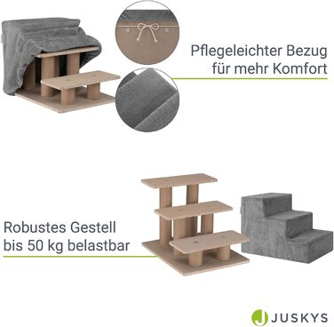 Сходинка для собак та котів Juskys - 3 сходинки, плюшевий знімний чохол, сірого кольору. Підходить для ліжка, дивана, софи та авто